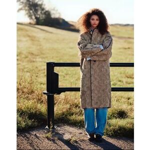 HM Womens Faux Shearling Long Teddy Coat Brown Contrast Piping Size L